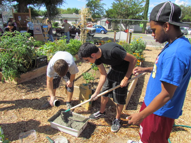 Youths mix cement for arts and craft as part of the Art in the Garden project.