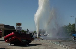 Last summer, a distracted driver crashed into a fire hydrant on Sierra Highway. The car overturned but the man escaped serious injury. 