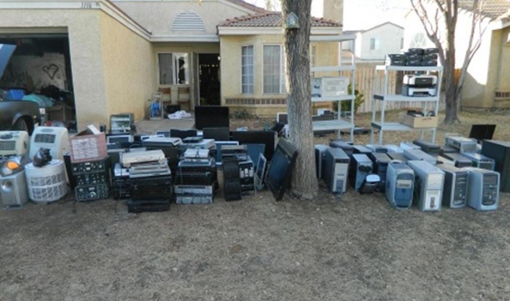 This photo represents only a portion of the stolen electronics that were seized from an east Lancaster home Tuesday morning, authorities said. (LASD)