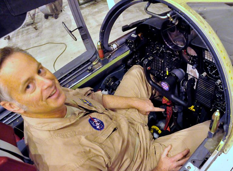 Broce said there are many technical aspects to his job, but most people just want to know how he relieves himself during a long flight. He pointed to the drain valve that connects to his space suit, which is routed to a bucket under the seat.