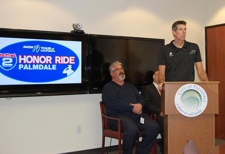 Ride2Recovery President and Founder John Wordin speaks at a press conference Wednesday to announce the Amgen Tour of California Honor Ride Palmdale.