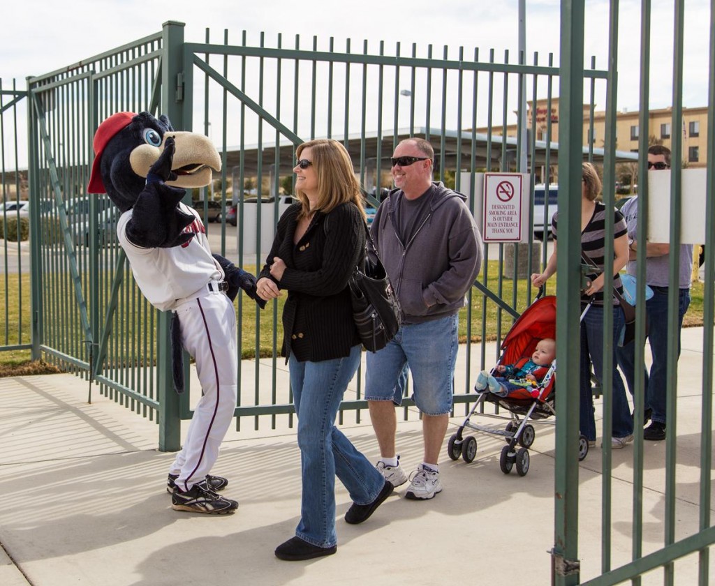 Fans are greeted by KaBoom at the JetHawks Open House (Photo by JAMES STAMSEK)