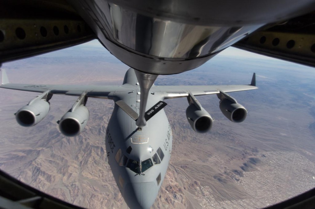 News crews were invited on a refueling training mission with Nicole Canada recently. Our cameras captured this view of the C-17 from inside a KC-135 Stratotanker. (Photos by JAMES STAMSEK)