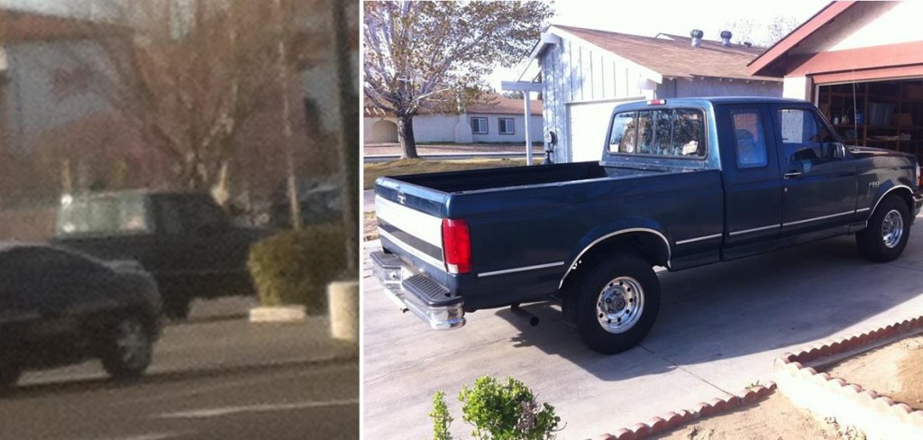 The image on the left shows a pick up truck leaving the robbery scene. Authorities were able to track the truck to Ronald Russell, whose vehicle is shown on the right.