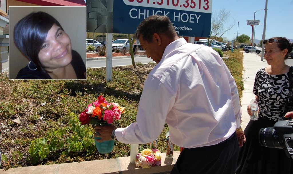 Paul Goins places flowers at the site of the collision that killed his daughter on March 13, 2012. Several family members gathered at the site following the sentencing hearing.
