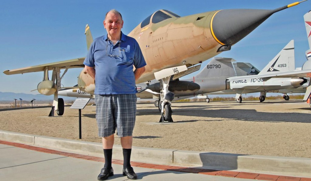 Retired Col. Robert L. Stirm stands in front of the F-105 Thunderchief at Edwards AFB's Century Circle Apr. 5. (U.S. Air Force photo by Laura Mowry)